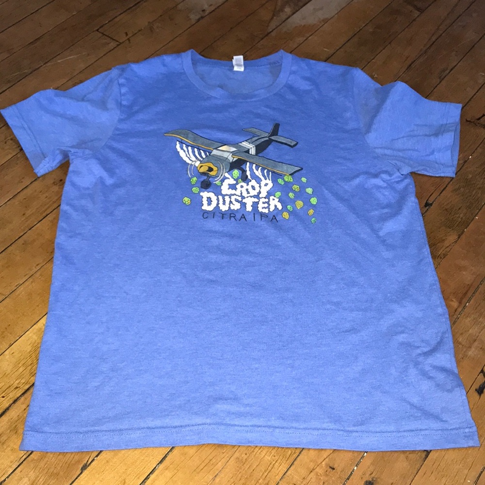 Grand Armory brew Crop Duster IPA Bella+Canvas Blue Graphic Tee with Plane Print